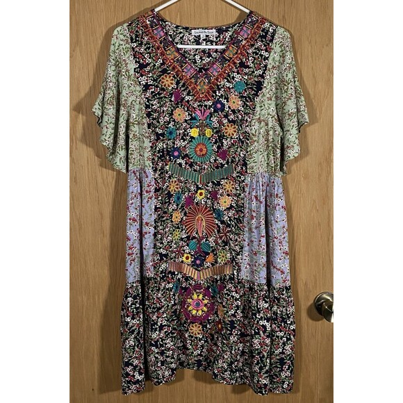 See And Be Seen Floral Embroidered Tiered Boho Dress CottageCore Artsy Sz Small - Picture 1 of 7